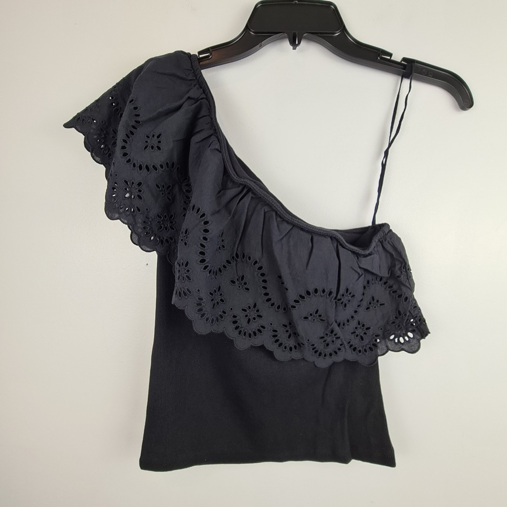 Old Navy Black One Shoulder Ruffle Eyelet Tank Top Medium Festival Stretch